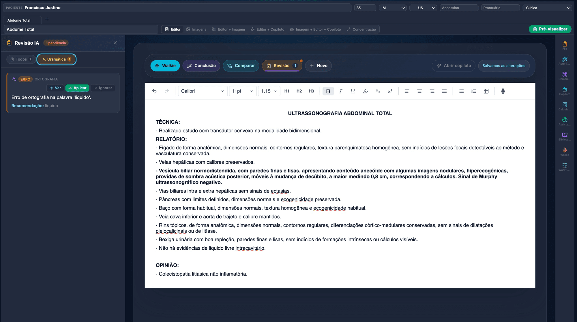 Editor de laudos com Revisão IA em ação