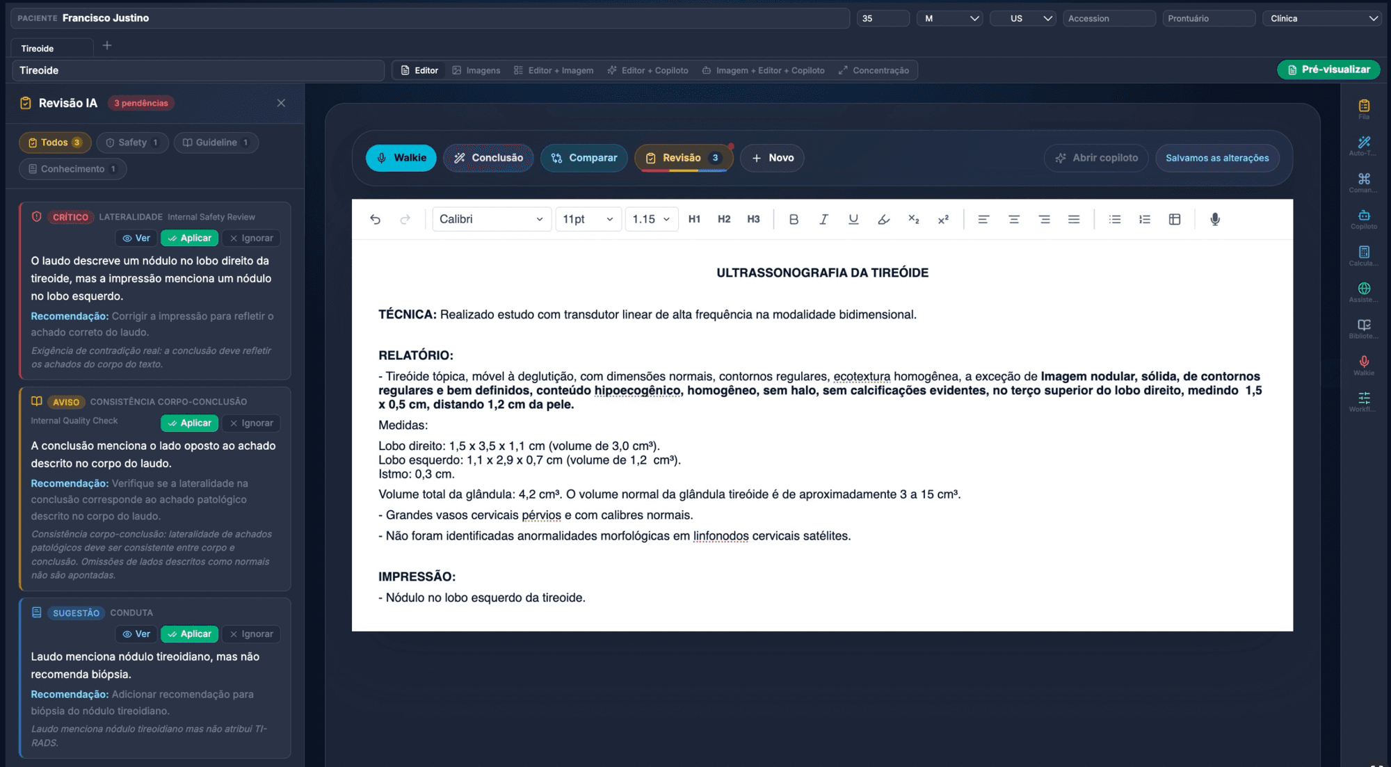 Painel Safety Net com alerta crítico de inconsistência de lateralidade